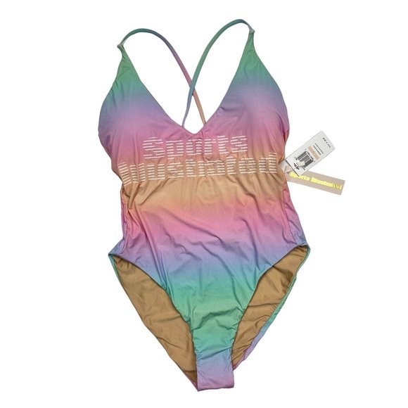 Sports Illustrated Rainbow Print One Piece Swimsuit Size 12 Plunge Neck Maillot - Picture 2 of 9